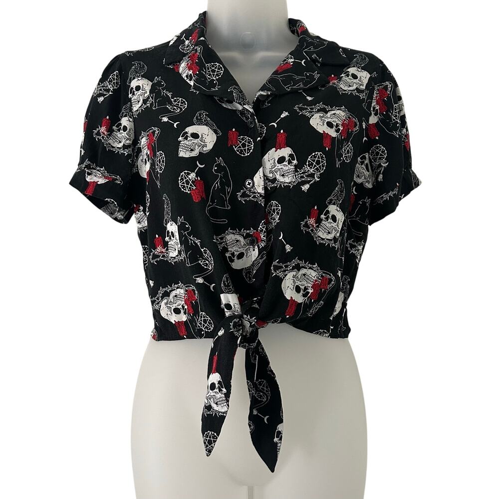 Chilling Adventures Sabrina Skull Cat Button Front Tie Black Crop Top XS
